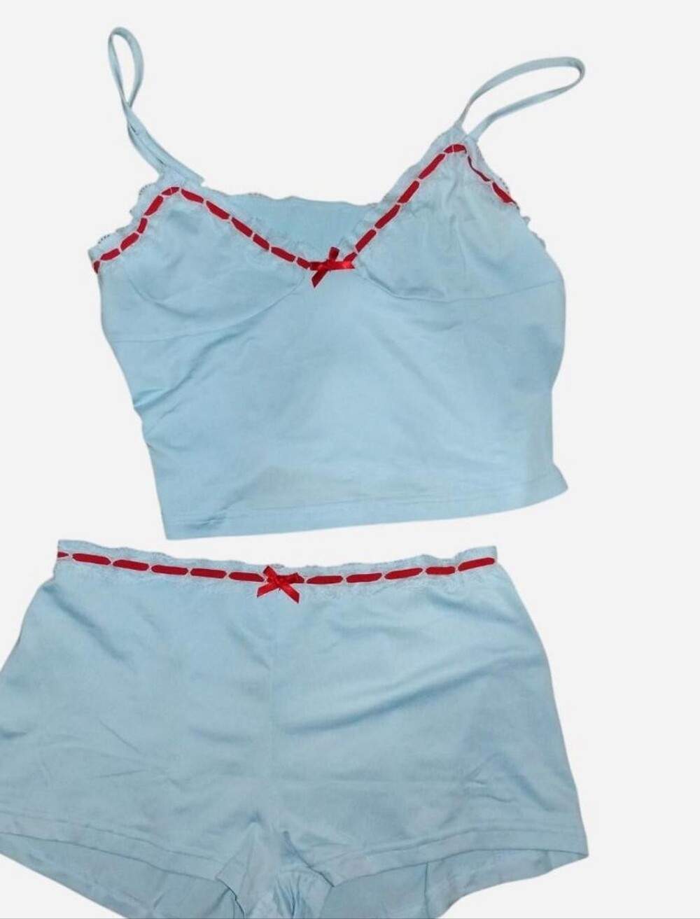 Light Blue Ribbed Cami & Shorts Loungewear Pajama Set with Red Ribbon Trim Large